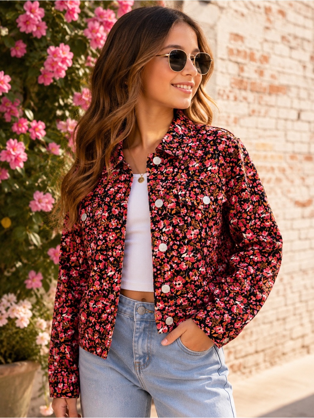 Social Standard by Sanctuary Floral Denim Jacket Girls XL 14 16 Pink Black